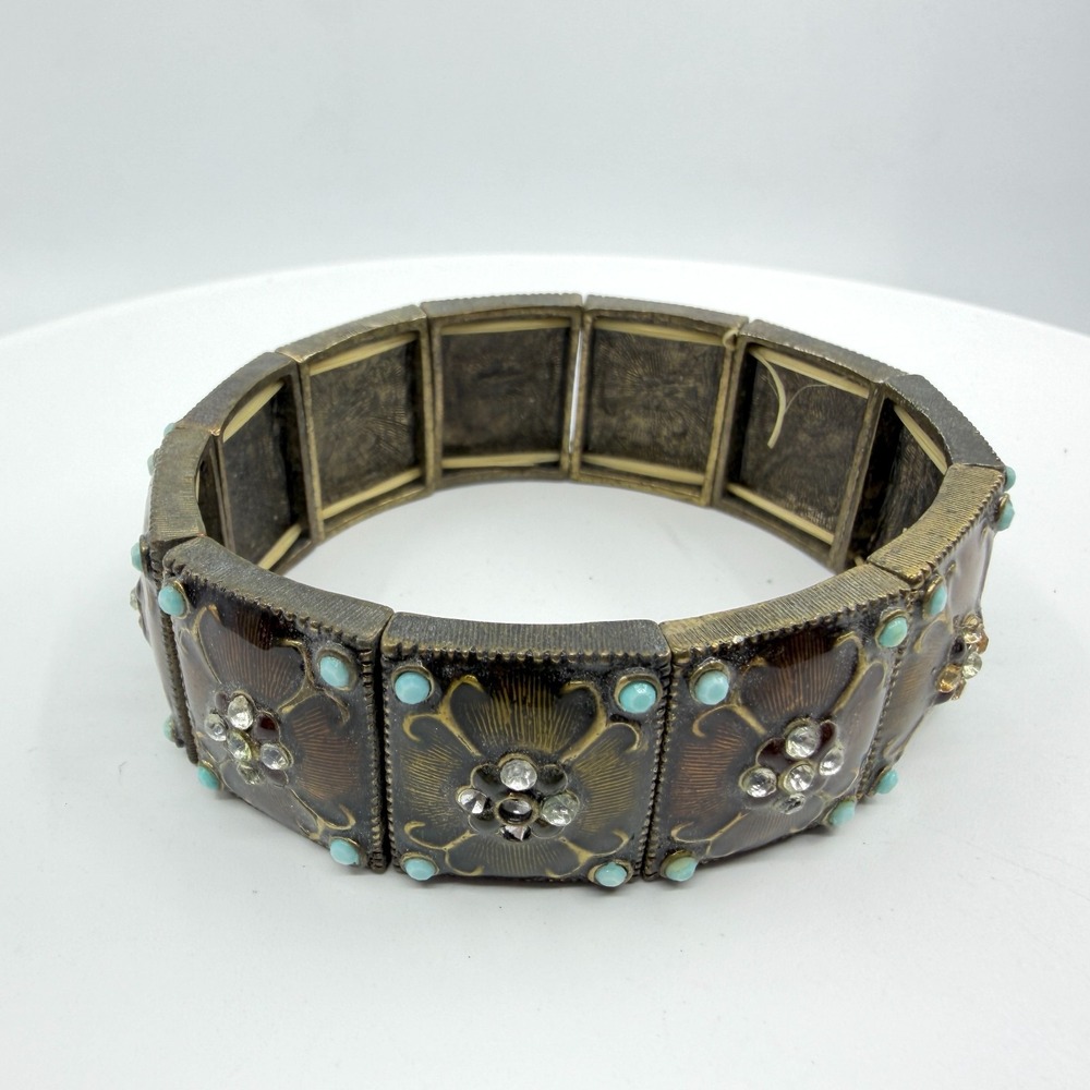 Enamel Rhinestone Statement Stretch Bangle Bohemian Gothic Flower Bracelet